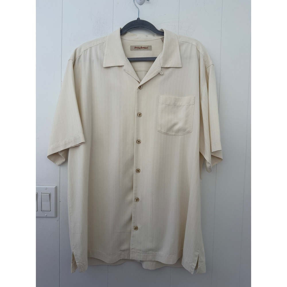 VTG Y2K Tommy Bahama Men's L Cream 100% Silk Short Sleeve Button Down Camp Shirt
